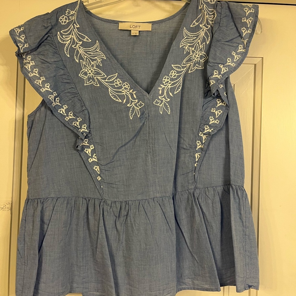 LOFT Chambray Ruffle Sleeve Top with White Embroidery